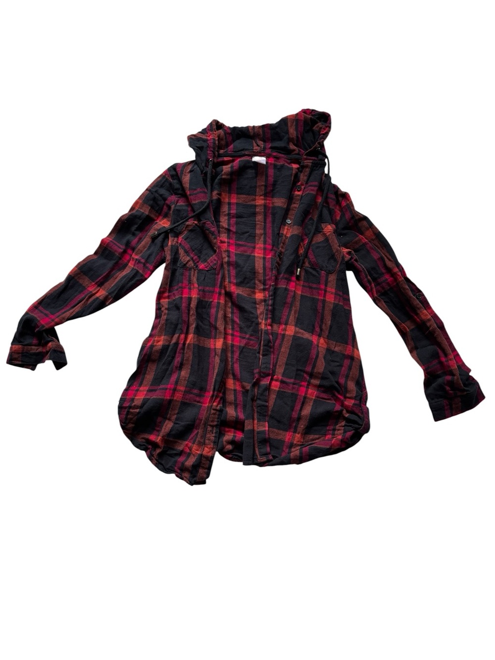 No Boundaries Black and Red Plaid Hooded Button-Down Shirt